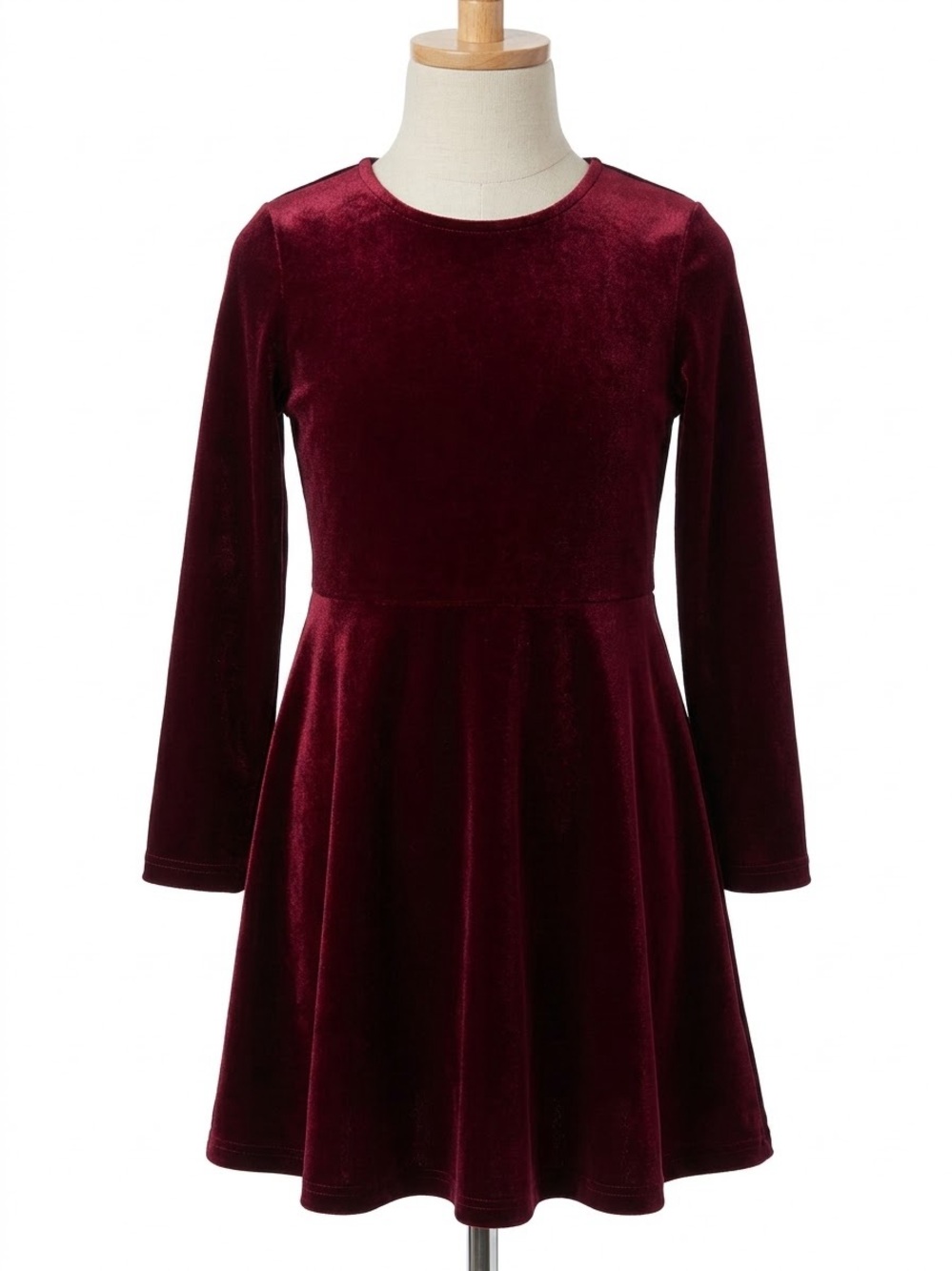 Girls' Burgundy Velvet Long-Sleeve Dress
